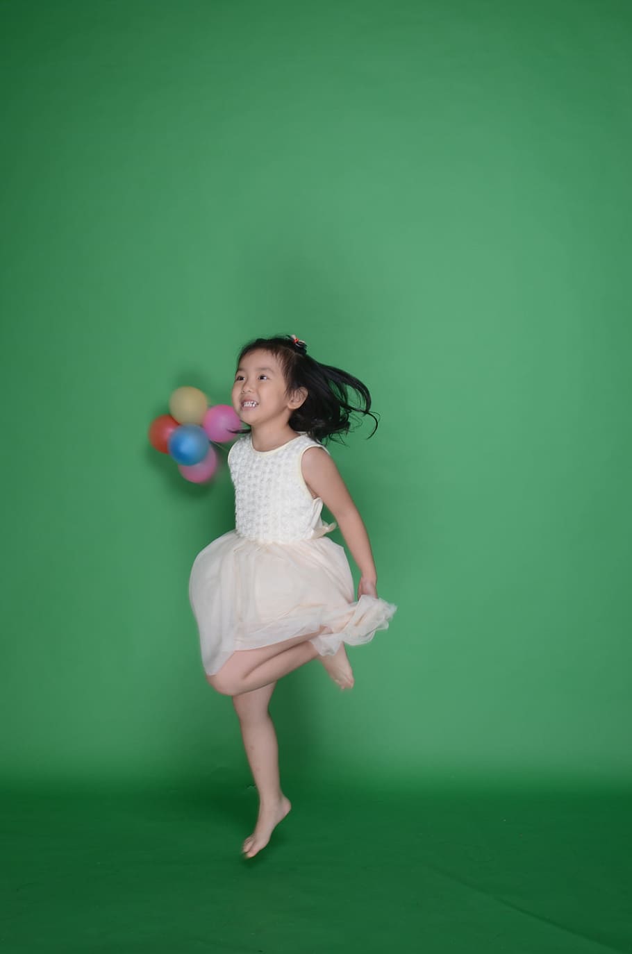 girl, holding, balloons, jumping, green, surface, Balloon, Girls, Cute, Military