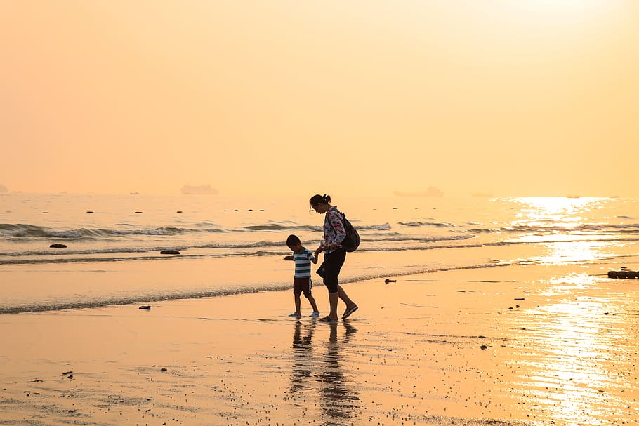 beach, sea, sunset, mother and son, mom, son, motherly love, love, travel, hotel