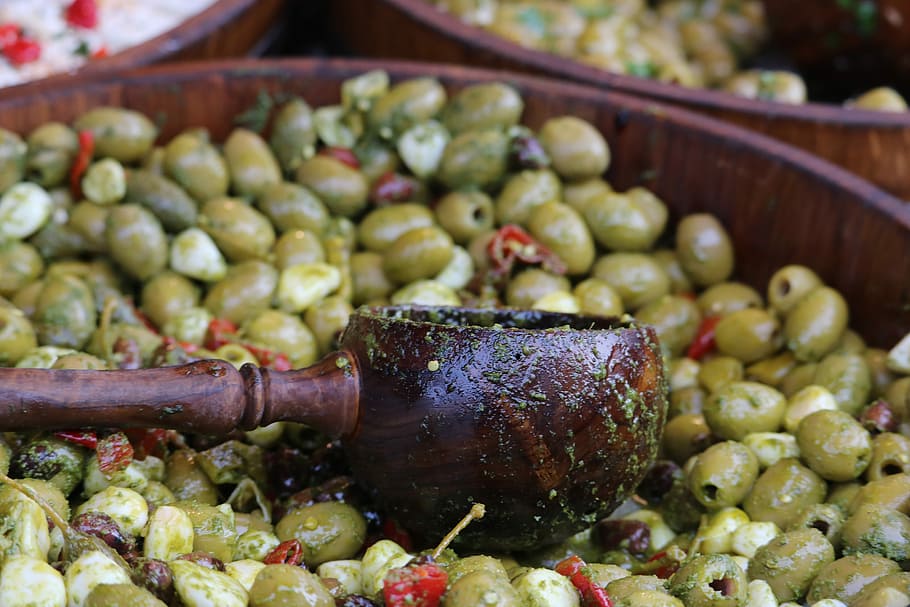 aceituna, olivier, mediterráneo, aceitunas verdes, mercado, espumadera, ají picante, comida, londres, comida y bebida
