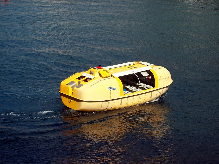 life boat, survival unit, yellow, boat, emergency, nautical, ocean, preserver, rescue, safety