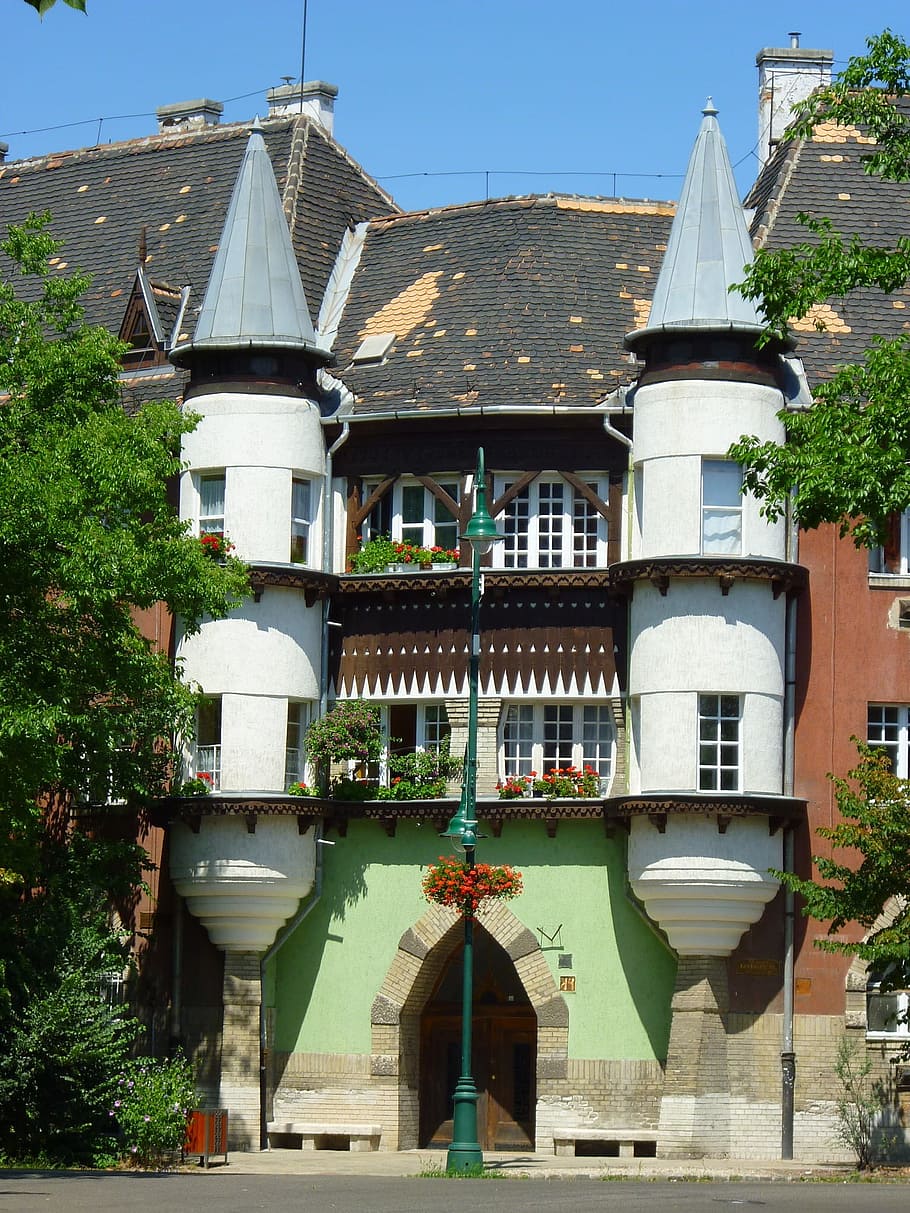 hungary, budapest, color, facade, building, window, tower, top, chandelier, art nouveau