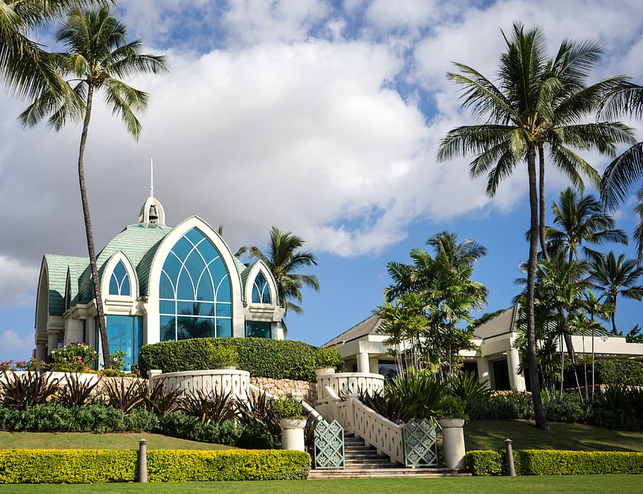 arquitetura, fotografia, branco, concreto, casa de vidro, Igreja, Havaí, Oahu, Ko Olina, palmeiras