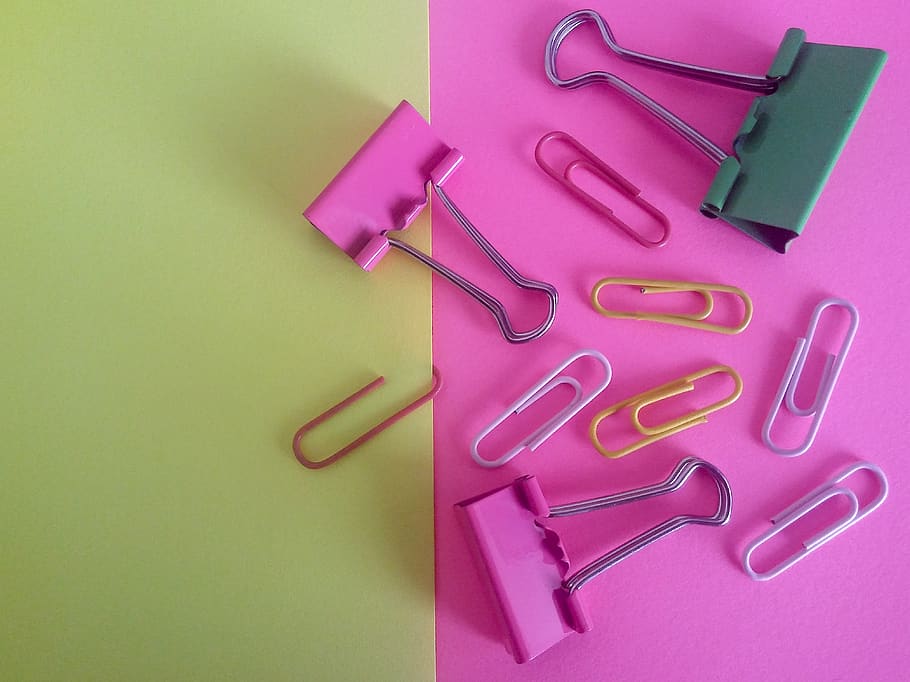pink, yellow, green, office, paper, stationery, paperclips, clip, work, home office