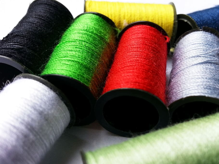assorted, color sewing threads, weaving, spool, coil, dressmaking, sewing, color, colors, couture