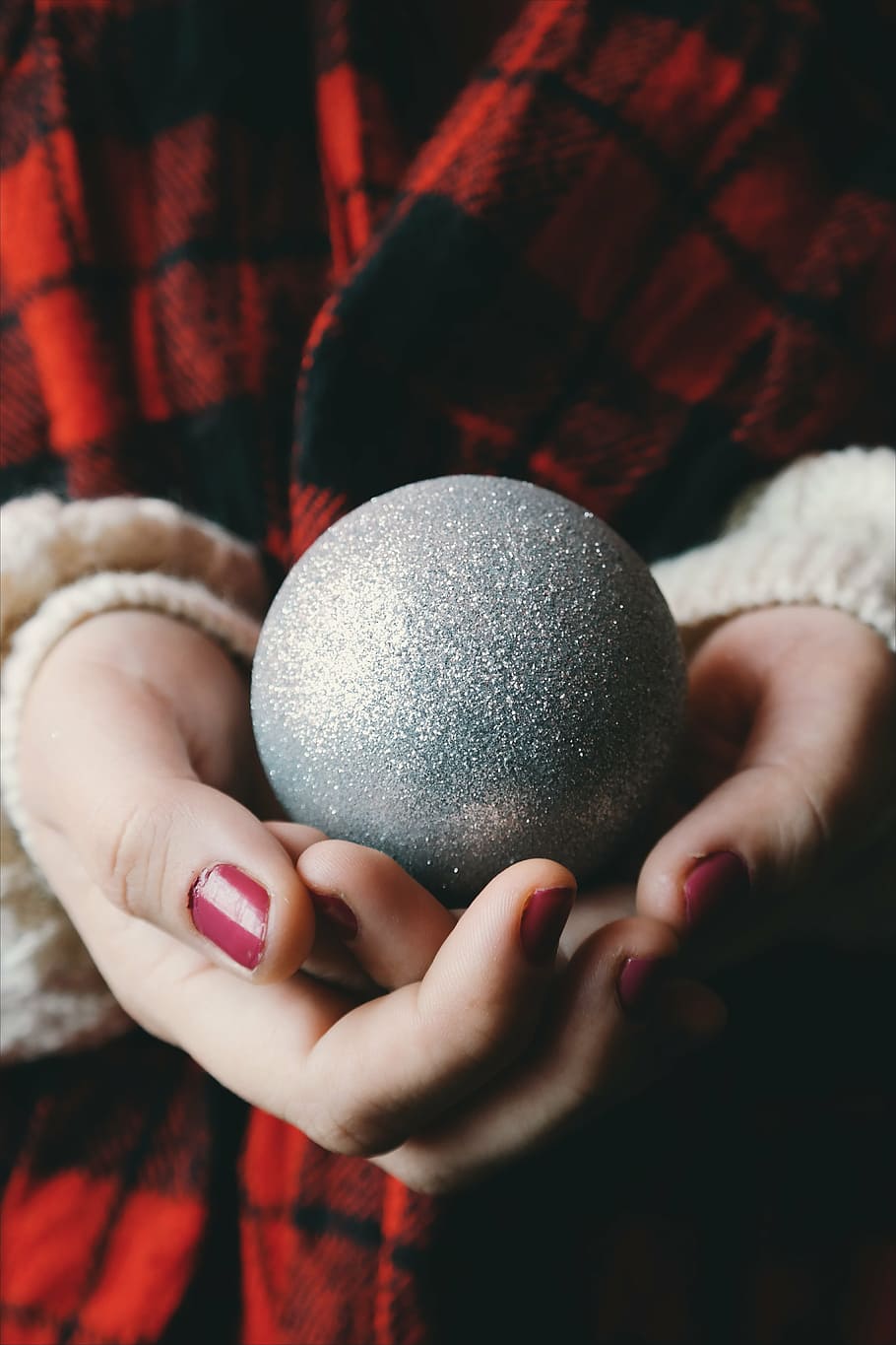 person, holding, gray, baubles, hands, manicure, people, woman, red, ball