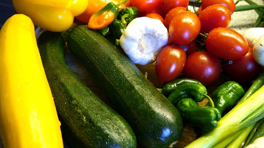 variedad de verduras, variedad, Verduras, pimentón, comida, tomates, calabacín, ajo, vegetales, frescura