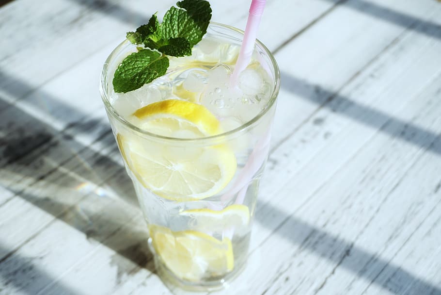 drinking glass, citrus, transparent color, ice, lemon, refreshment, food and drink, drink, mint leaf - culinary, lemonade