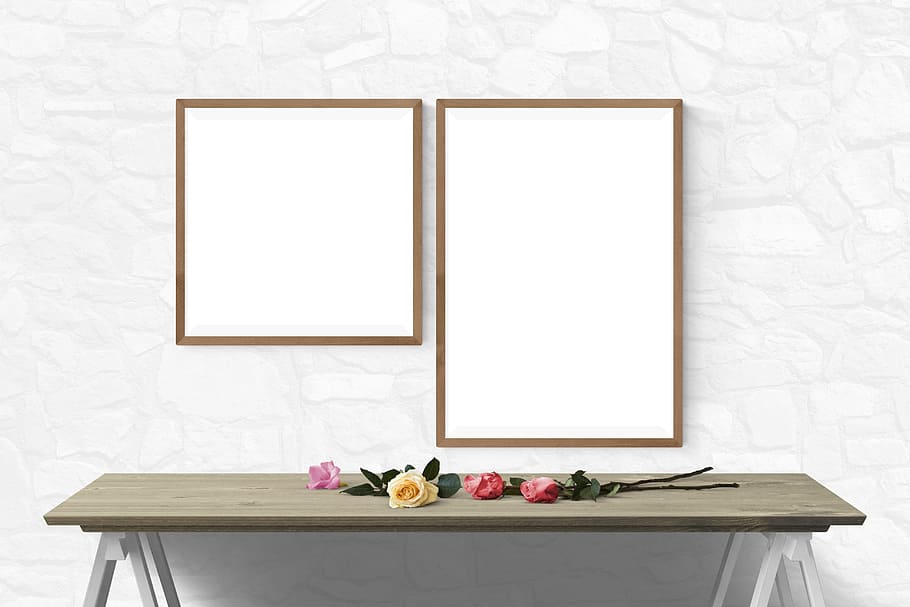 two, brown, wooden, photo frames, front, console, table, poster, mockup, wall