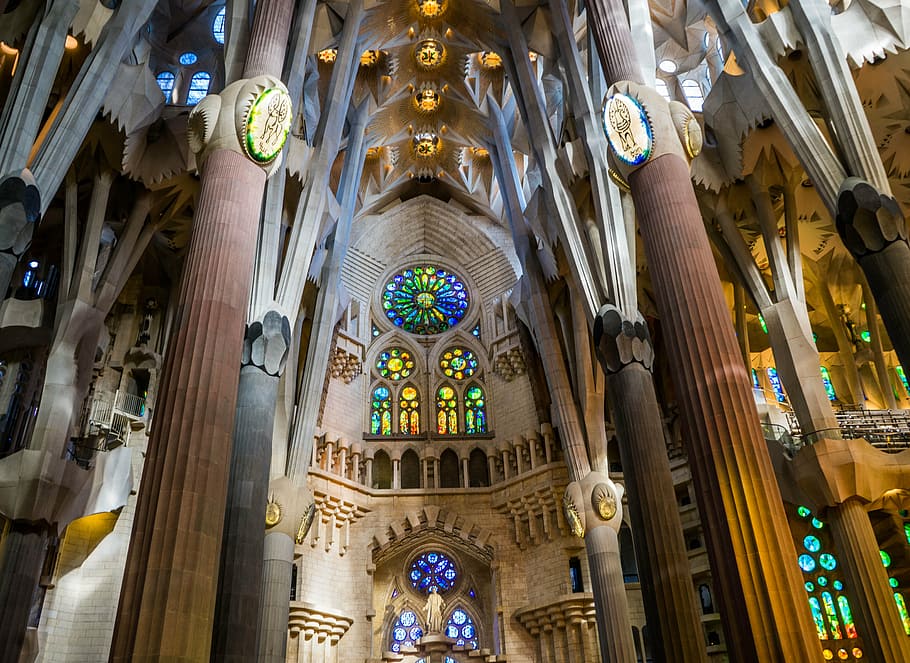 cathedral interior, sagrada familia cathedral, barcelona, spain, stained glass, church, religion, architecture, building, gothic