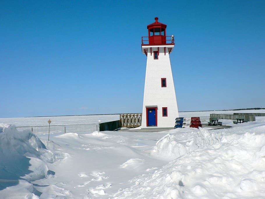 Lighthouse, Snow, Canada, Winter, nature, sky, white, sea, blue, outdoors