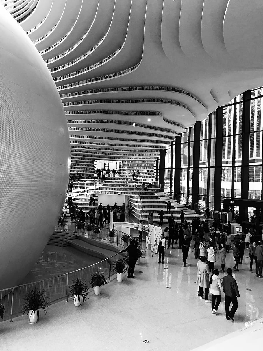tianjin, library, large group of people, crowd, group of people, ceiling, real people, indoors, architecture, built structure