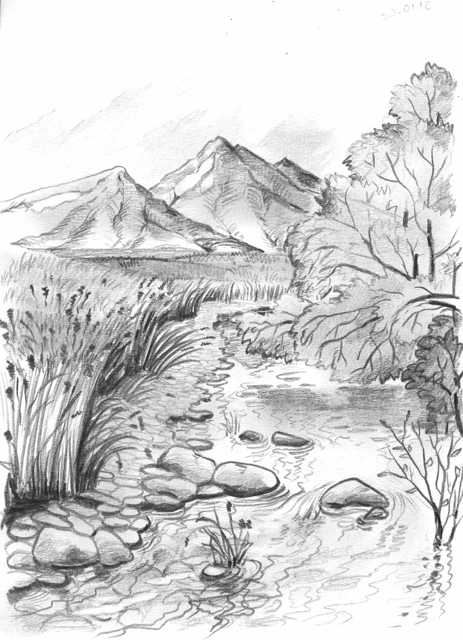 figura, montañas, lápiz, arroyo, blanco y negro, ilustración, dibujo - Producto de arte, imagen grabada, arte, boceto