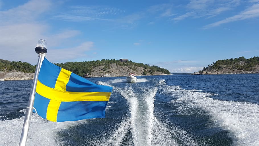 perahu, kepulauan, laut, kapal kesenangan, swedia, kepulauan stockholm, perahu motor, air, bendera, gerakan