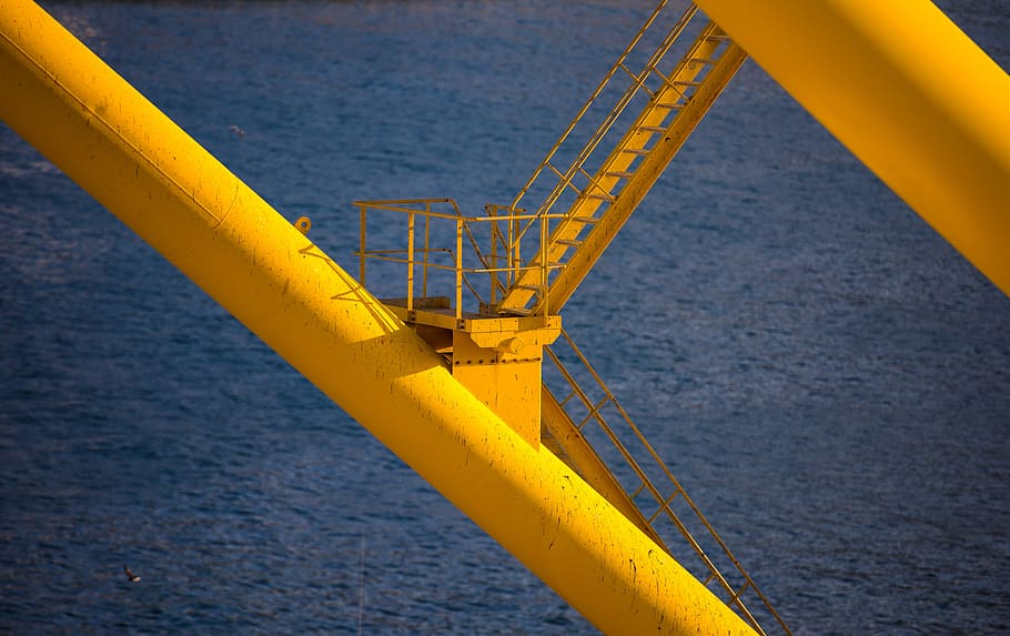 yellow, metal stair, tower, daytime, industry, trade, machine, loading crane, technology, water