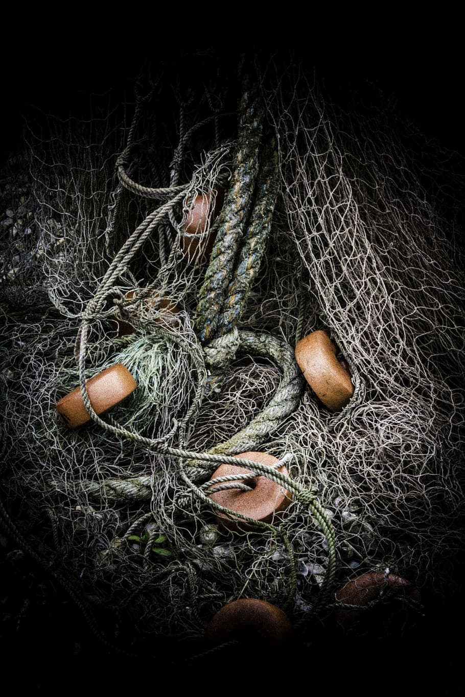 photography, gray, fishnet, fishing, nets, rope, fish, catch, sea, fisherman