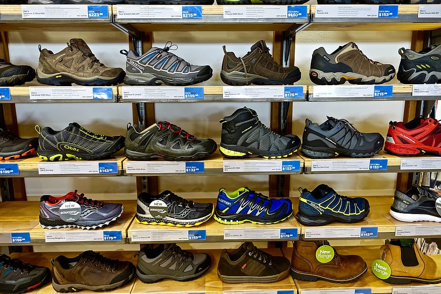 shoes, rack, collection, boots, shelf, shopping, retail, large group of objects, choice, shoe