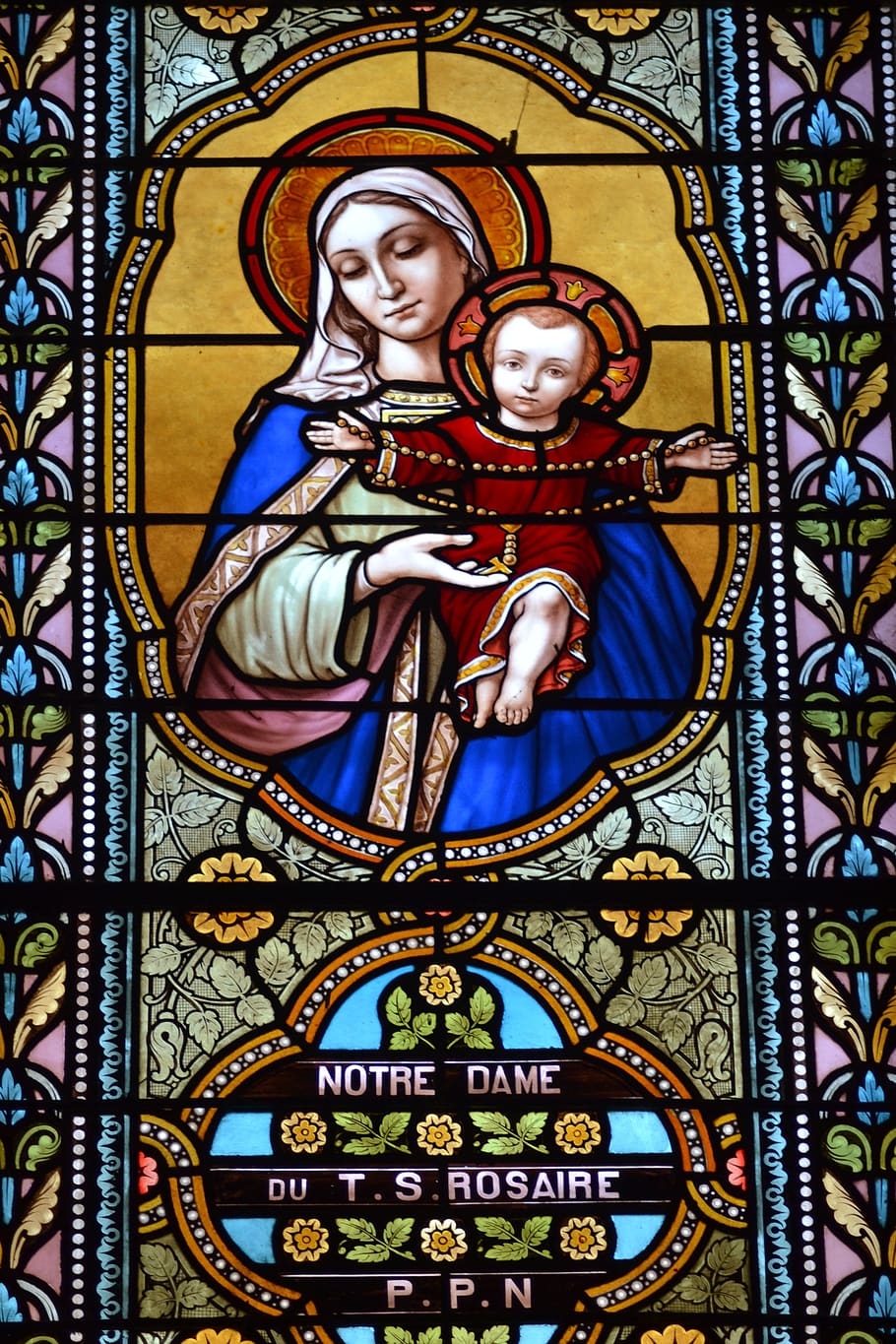 stained glass, window, church, colorful, mary, jesus, child, mother, rosary, sainte