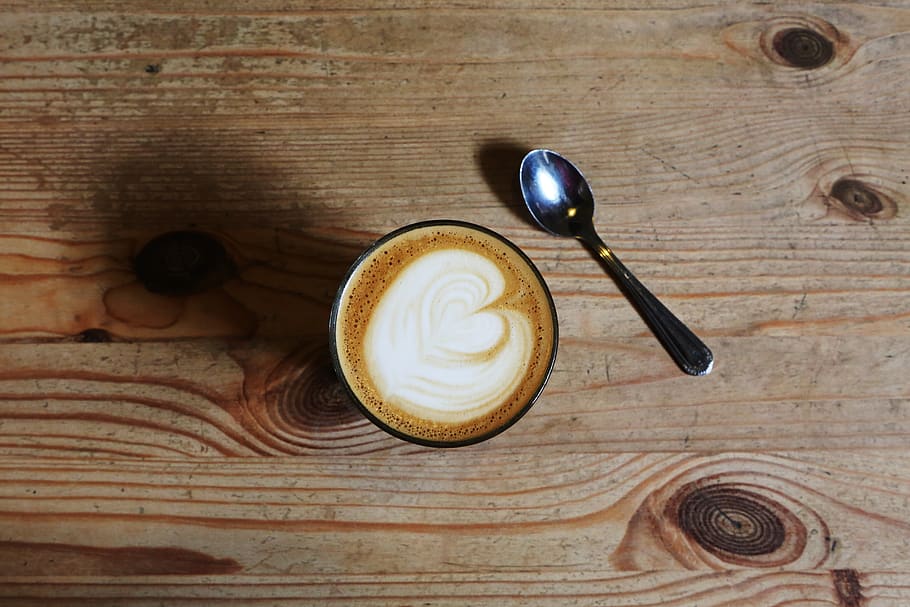 coffee, cafe, latte, cappuccino, heart, cream, foam, spoon, wood, wood - material