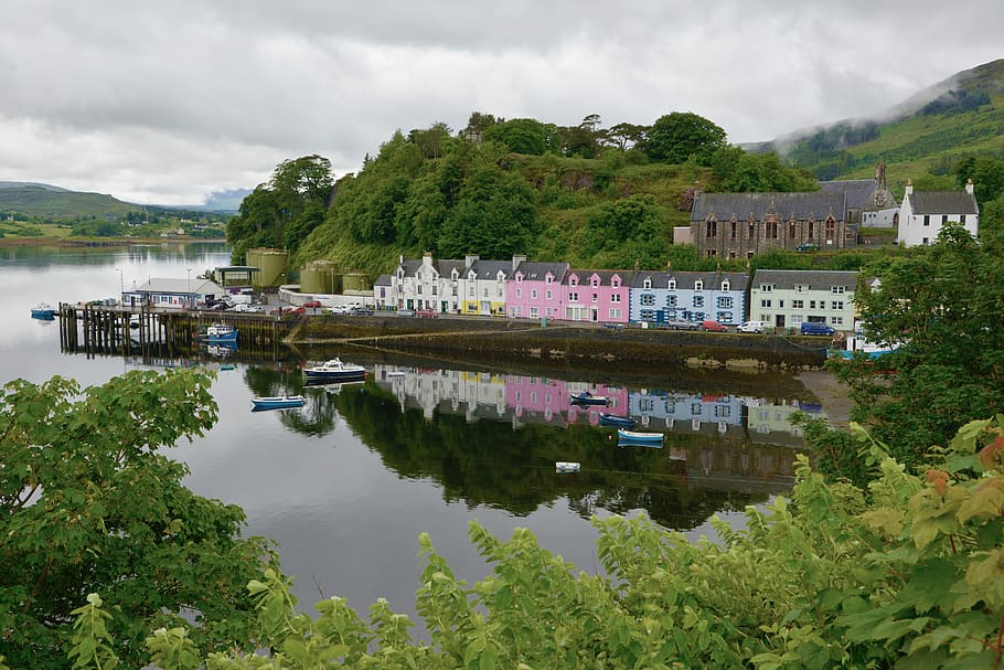 isle of sky, scotland, portree, port, water, reflection, building exterior, tree, architecture, building