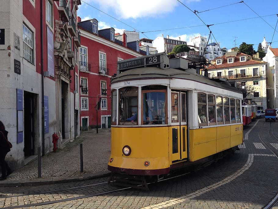 Lisbon, Old Town, Portugal, Tram, transportation, street, building exterior, railroad track, built structure, yellow
