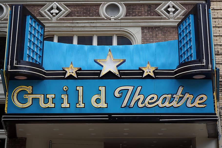 theater marquee, sign, theater, marquee, cinema, city, neon, historic, old, text