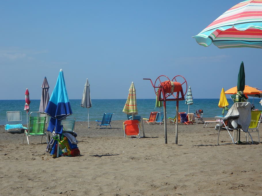pantai, mediterania, liburan, payung, pemulihan, air, pasir, tidur siang, musim panas, liburan musim panas