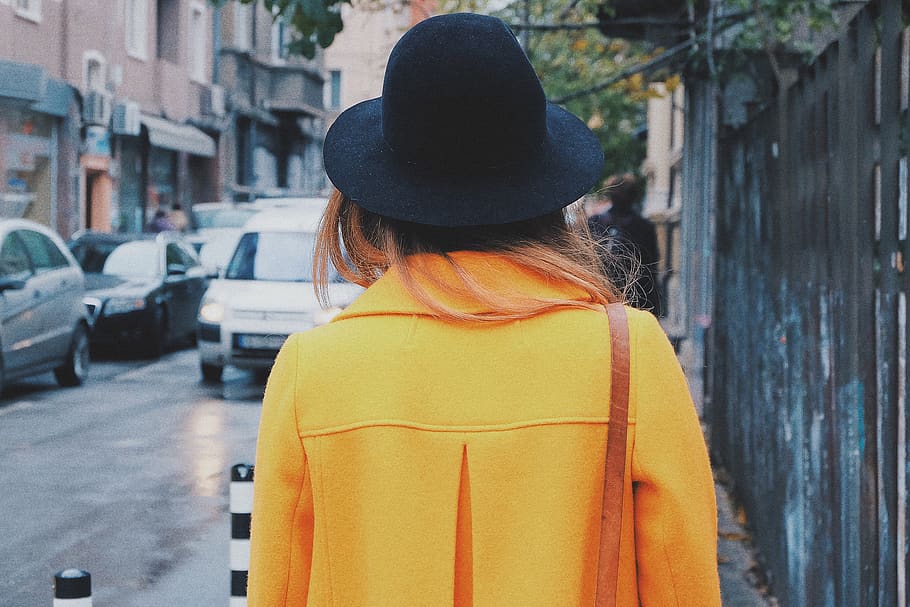 person, woman, young, style, fashion, yellow, coat, hat, back, walking