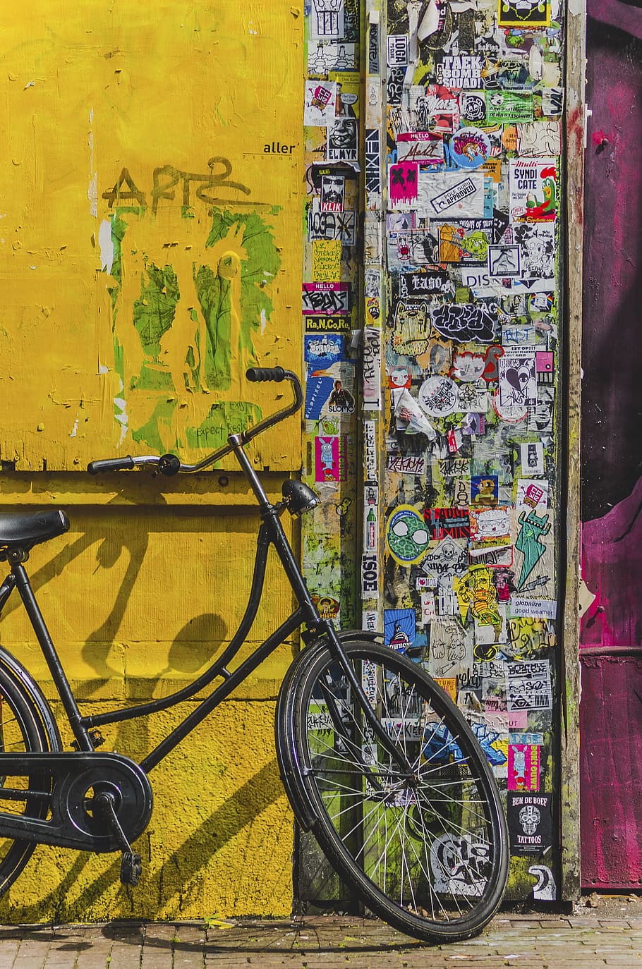 bicycle, bike, aesthetic, stickers, vandalism, paper, sign, wall, transportation, mode of transportation