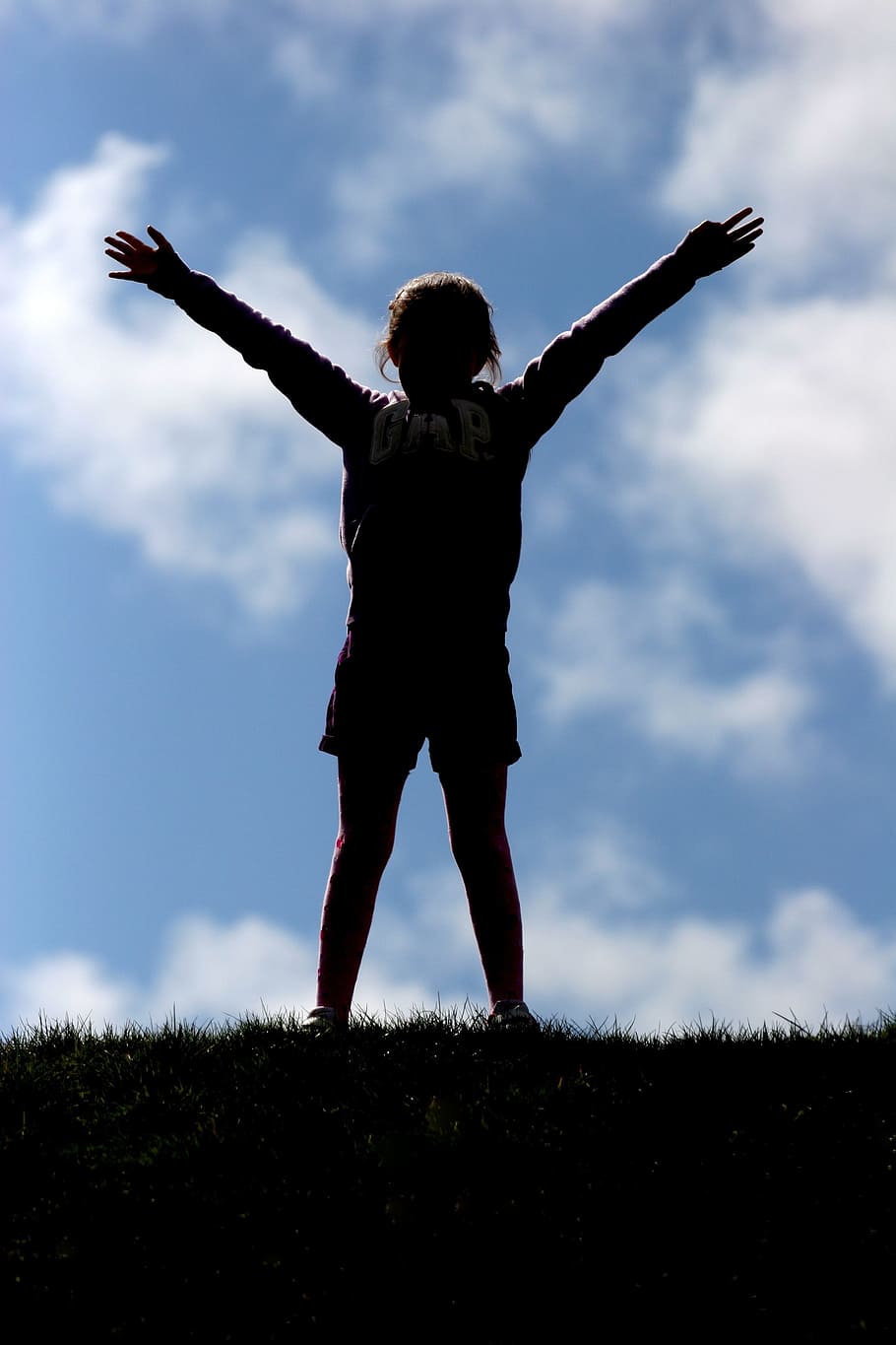 Clouds, Child, happy, human arm, limb, arms raised, human body part, sky, arms outstretched, one person
