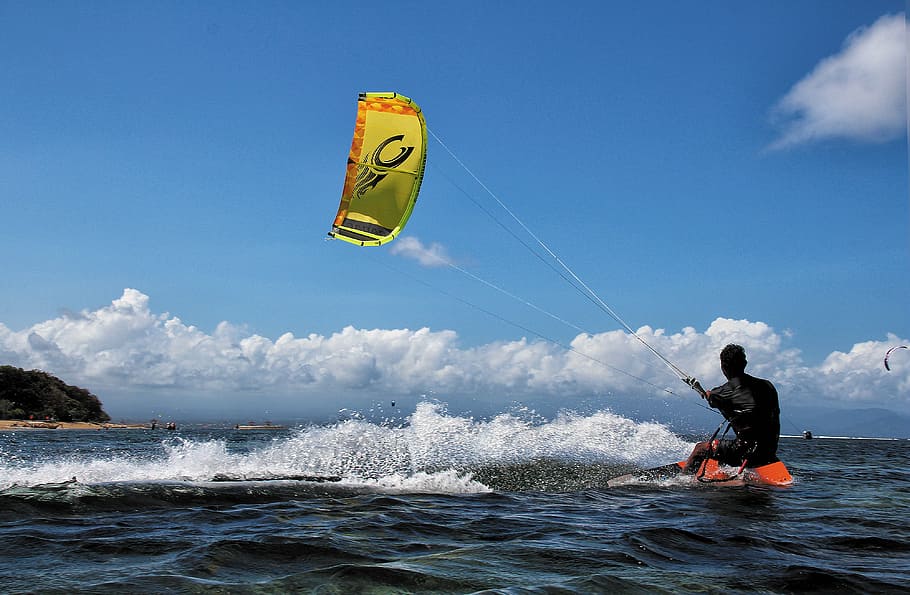 man, body, water, kite, boarding, kite surfing, bali, sanur, aquatics, action