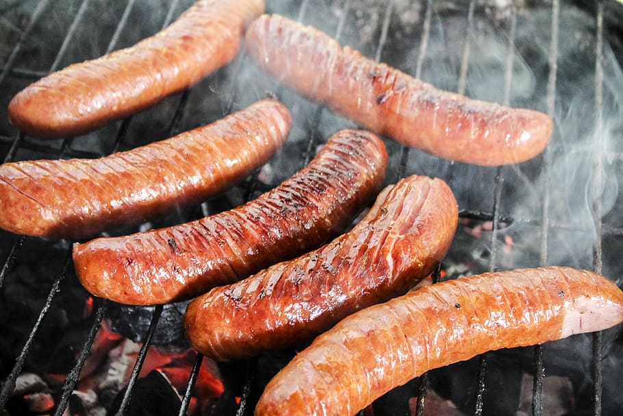 six grilled sausages, grilled, sausages, sausage, grill, barbecue at the, smoke, coal, chill, holidays