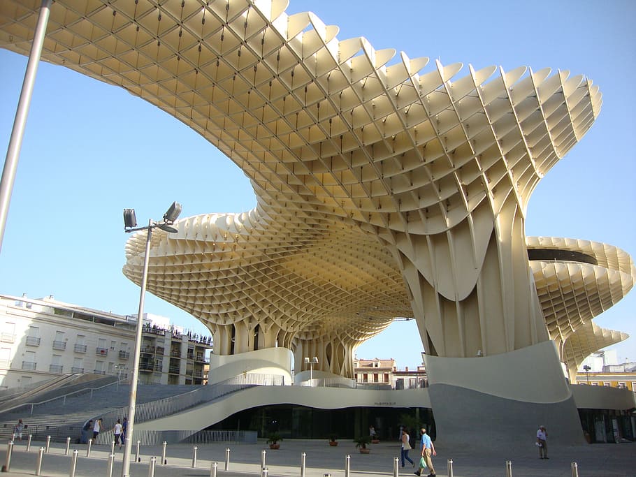 low, angle, yellow, building, metropol parasol, spain, seville, design, architecture, landmark