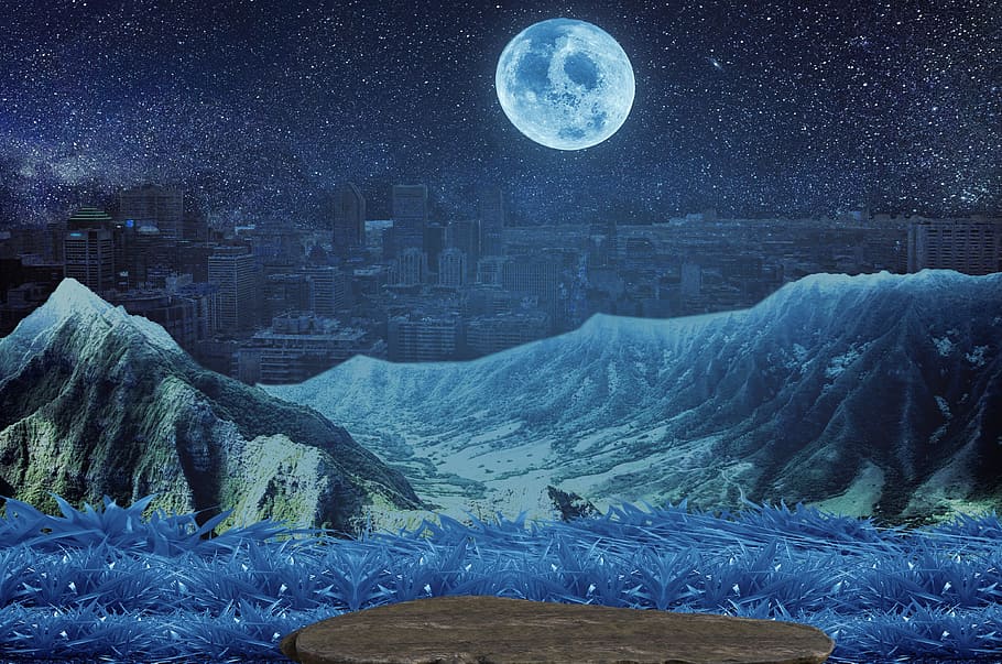 blue, grass, mountain, full, moon painting, city, land, fantasy, moon, landscape