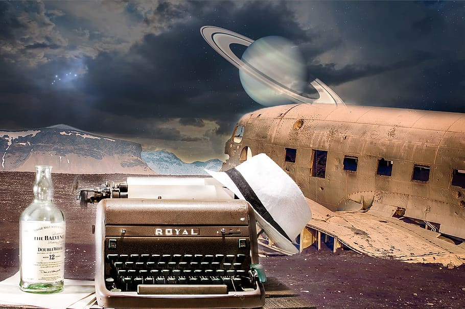 gray, black, royal, typewriter, white, fedora hat, writer, creativity, plane, retro