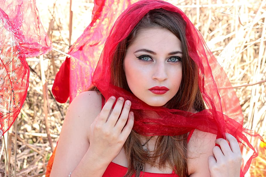 woman, makeup, wearing, red, spaghetti, strap, dress, veil, taking, daytime