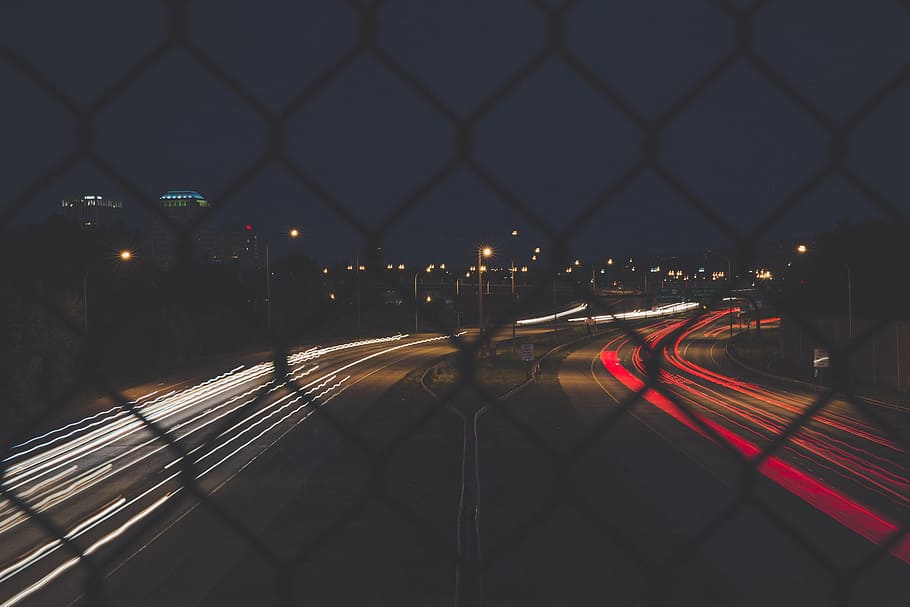 time-lapse photography, red, white, lights, asphalt road, dark, night, fence, wire, road