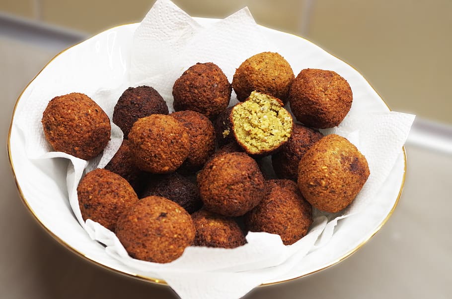 meat balls, white, ceramic, bowl, Falafel, Middle East, Chickpeas, food, food and drink, plate