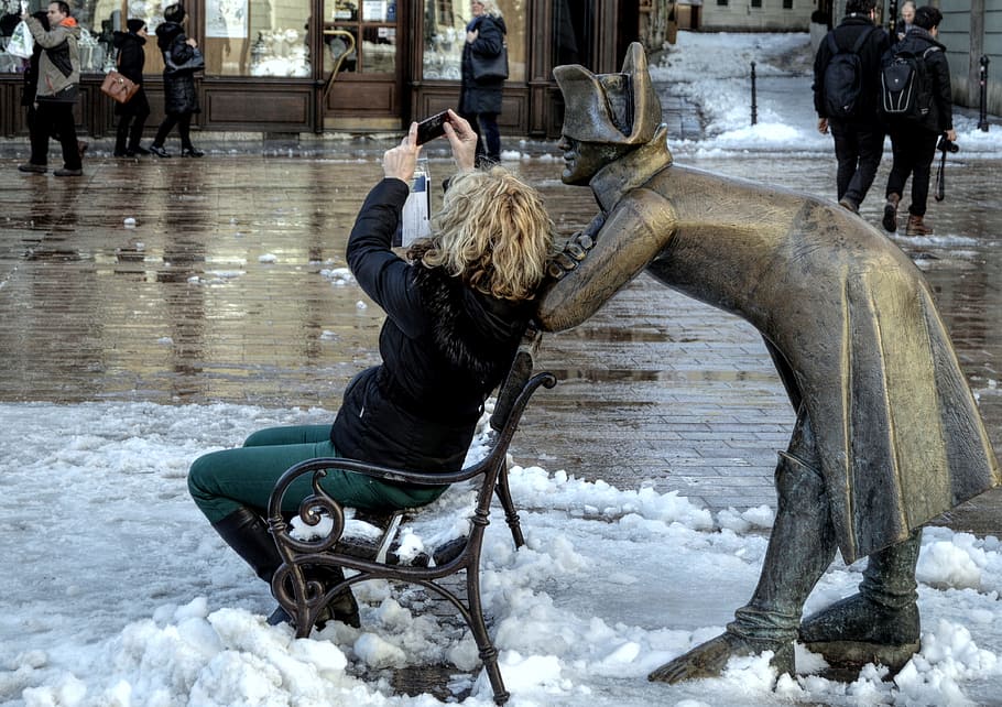 woman, sitting, chair, taking, selfie, bending, statue, city, tourism, bratislava