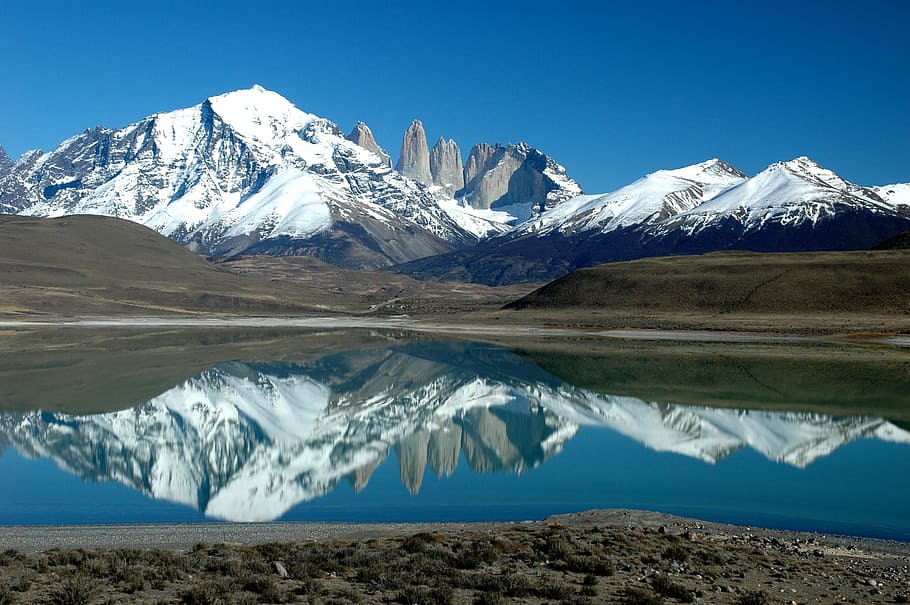 snow, covered, mountain, body, water, body of water, patagonia, fitz roy, cerro torre, argentina