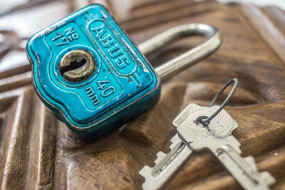 two, gray, keys, teal padlock, lock, key, vintage, creative, security, safe