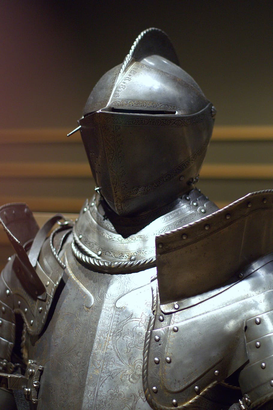 gray medieval knight, knight, armor, the middle ages, the museum, exhibit, metal, adorned with metal, helmet, indoors