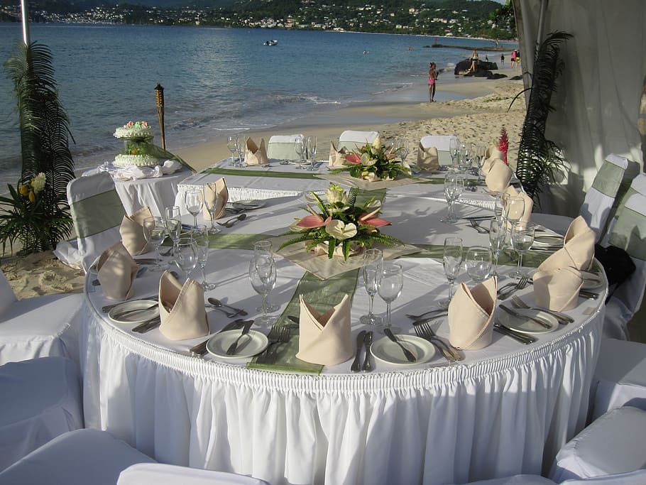 beach, marriage, board appointments, grand anse, setting, plant, flower, flowering plant, nature, place setting