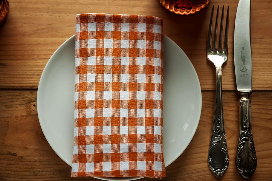 white, ceramic, plate, fork, knife, cover, cutlery, restaurant, board, eat