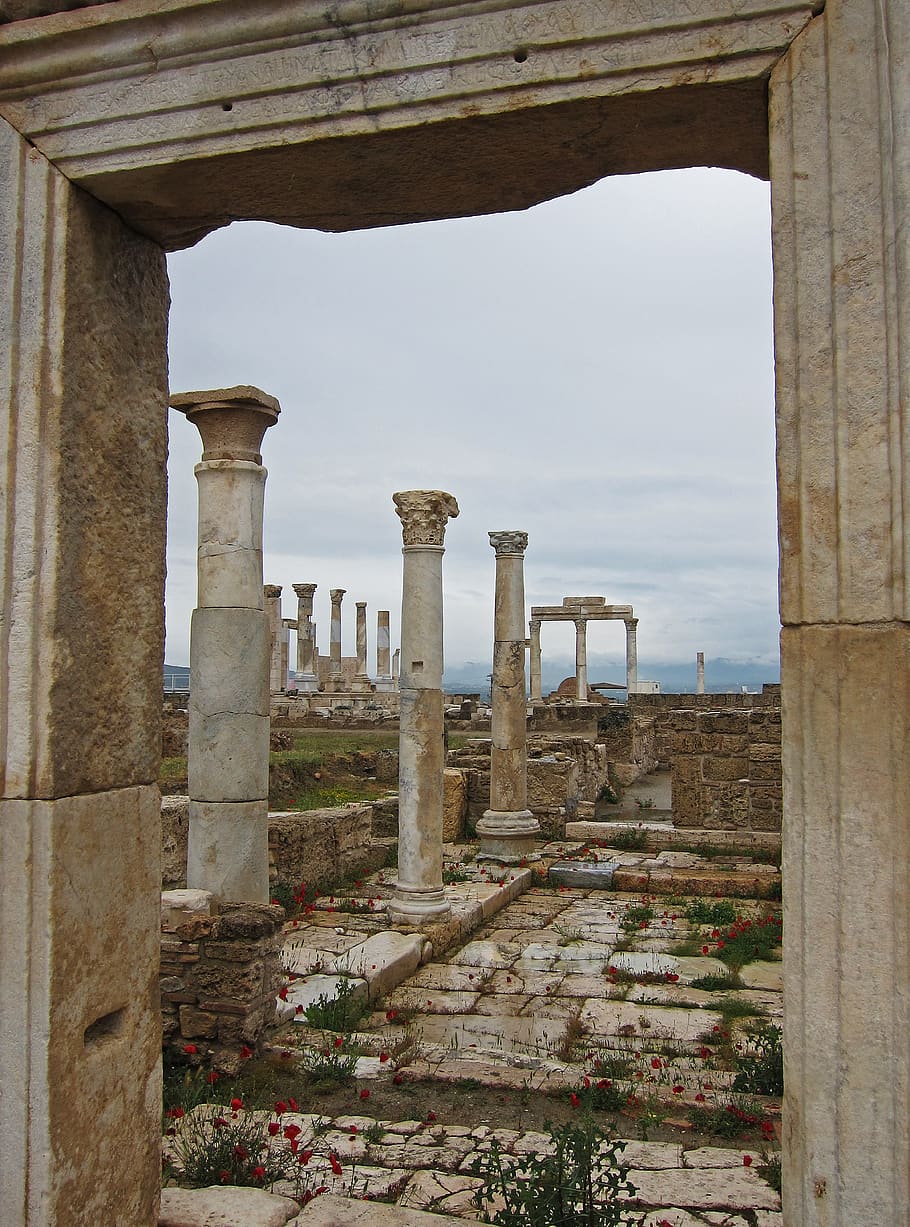 laodicea, seven churches of asia, doorway, columns, paving stones, clouds, antiquity, revelation, turkey, architecture