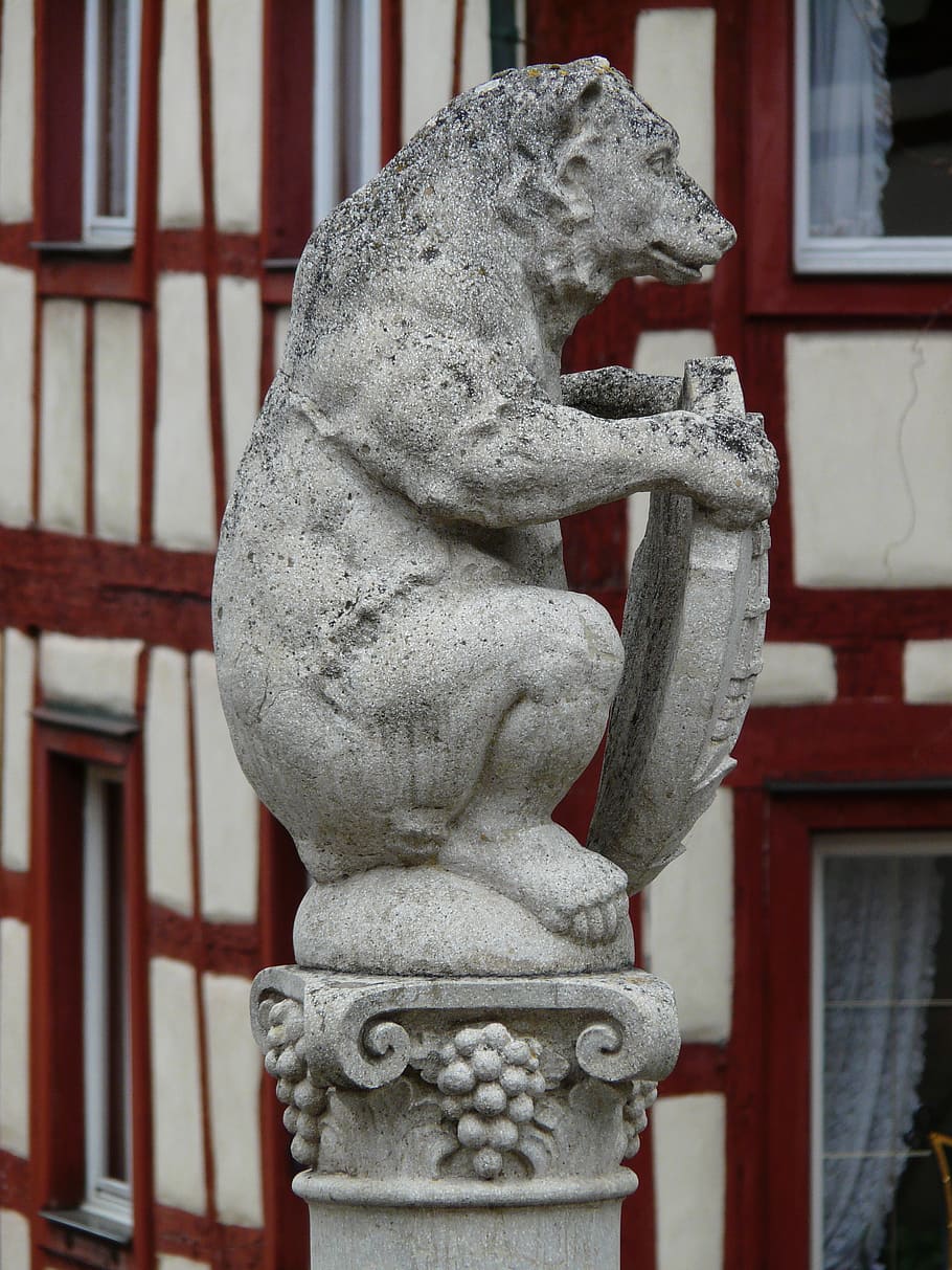 figure, statue, bear, lion, animal, shield, city, stone, characters, socket