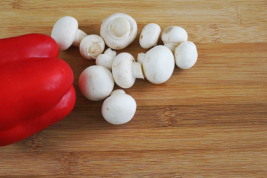 mushroom, mushrooms, white mushroom, red pepper, paprika, food, still life, freshness, wellbeing, vegetable