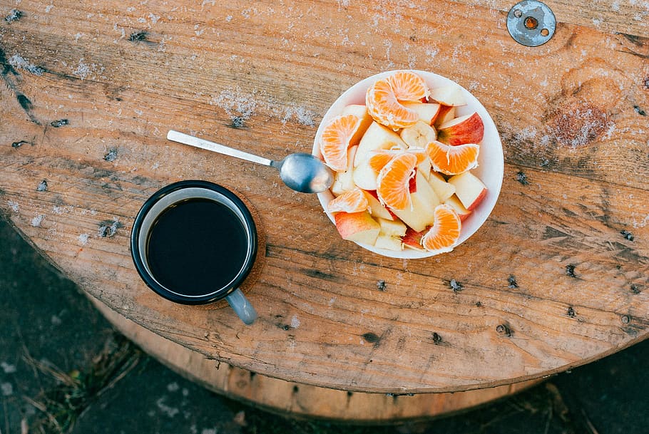 sliced, fruits, bowl, cup, coffee, brown, wooden, table, wood, outside