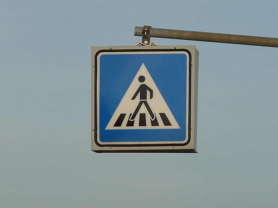 pedestre, travessia, zebra, travessia de pedestres, passadeira, escudo, sinal de trânsito, azul, tráfego, estrada