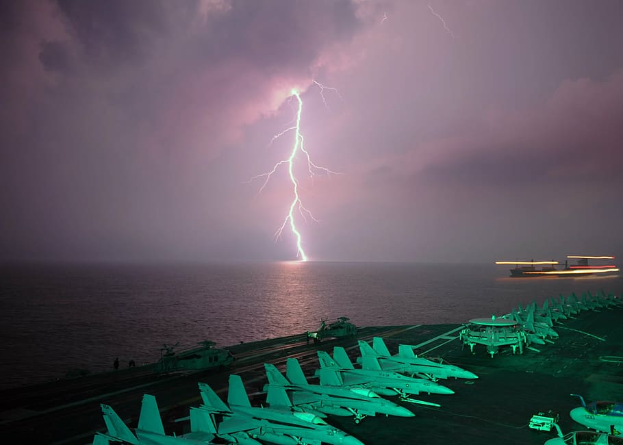 lightning, aircraft carrier, strait of malacca, sky, clouds, storm, thunderstorm, ship, planes, fighters