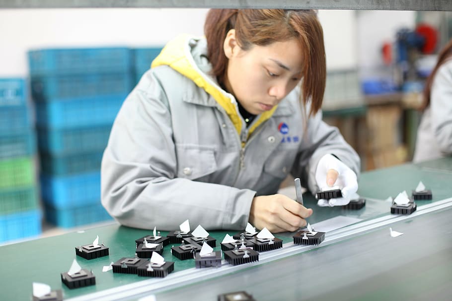 woman, creating, electronic, devices, workshop, operator, the assembly line, one person, occupation, indoors